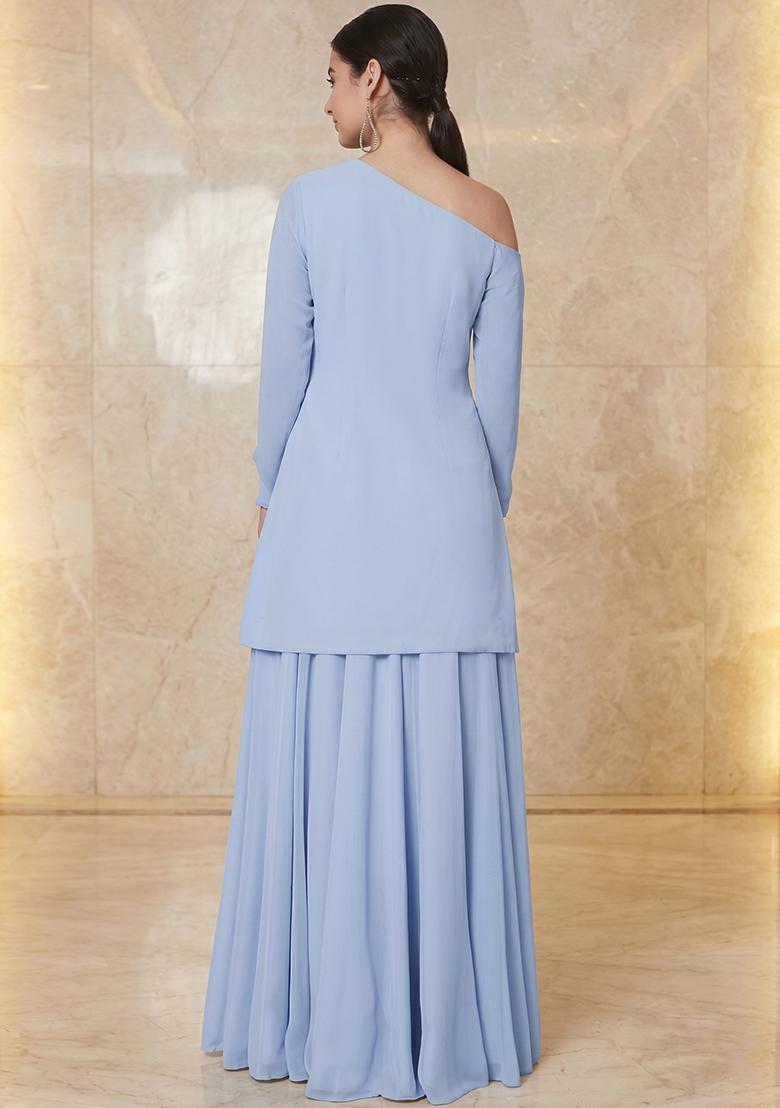 Sky Blue Embroidered Handwork Sharara Set - Indya