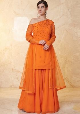 Orange Embroidered Handwork Sharara Set