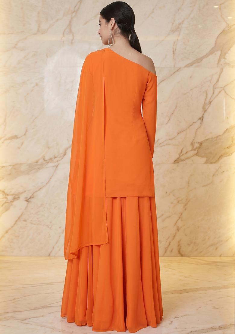 Orange Embroidered Handwork Sharara Set - Indya