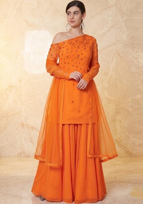 Orange Embroidered Handwork Sharara Set