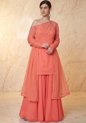 Coral Embroidered Handwork Sharara Set