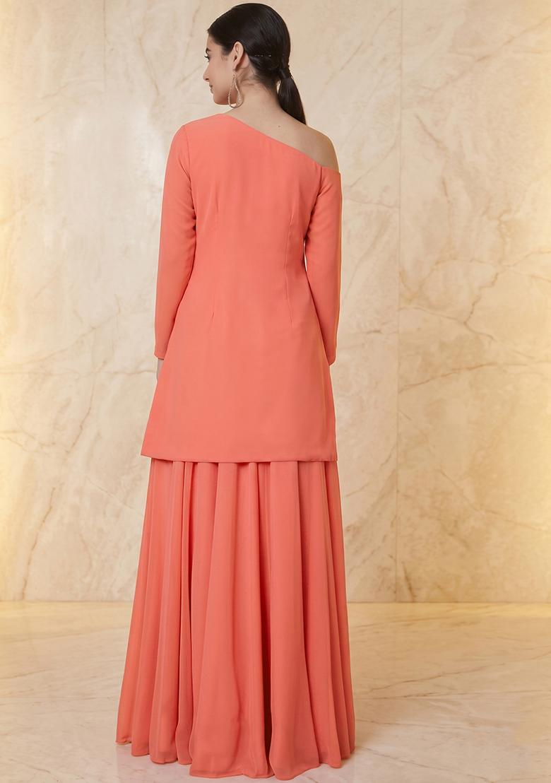 Coral Embroidered Handwork Sharara Set - Indya