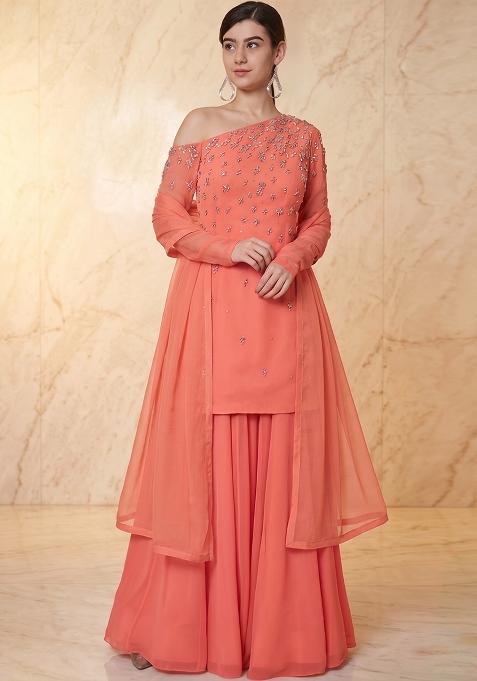 Coral Embroidered Handwork Sharara Set