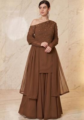 Chocolate Brown Embroidered Handwork Sharara Set