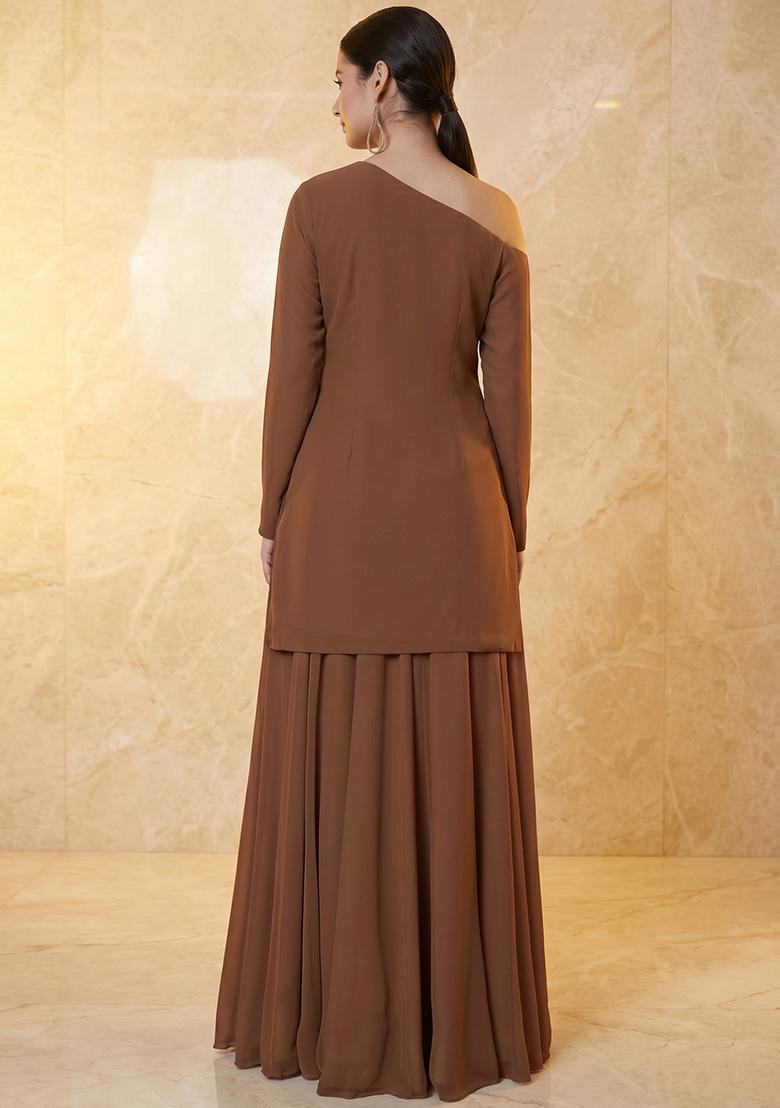 Chocolate Brown Embroidered Handwork Sharara Set - Indya