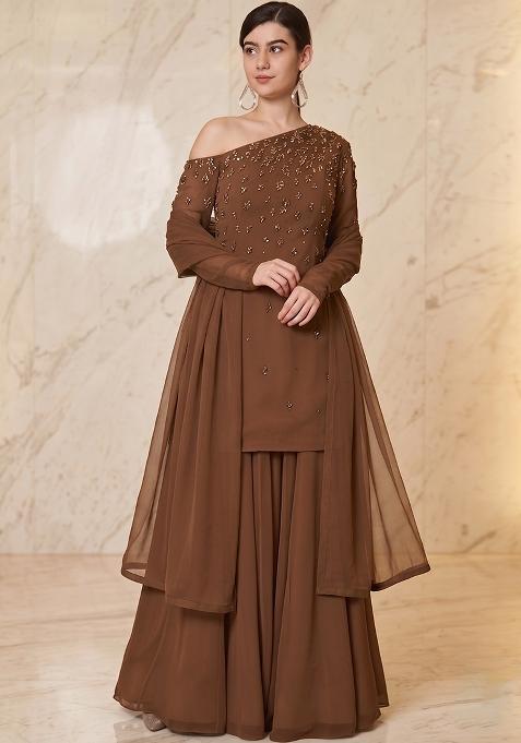 Chocolate Brown Embroidered Handwork Sharara Set