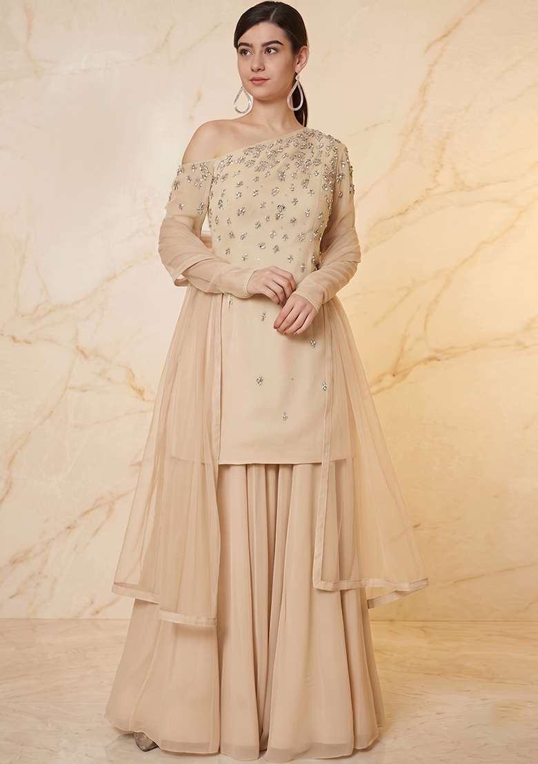 Beige Embroidered Handwork Sharara Set - Indya