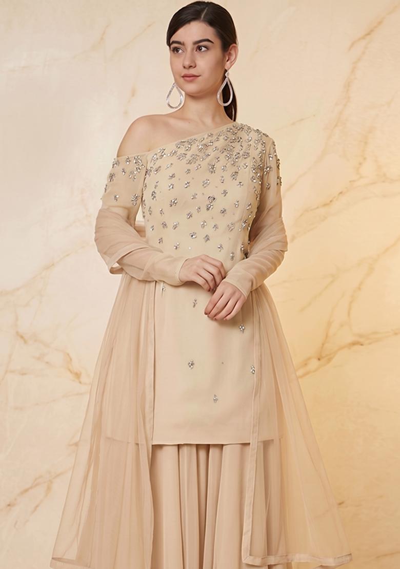 Beige Embroidered Handwork Sharara Set - Indya