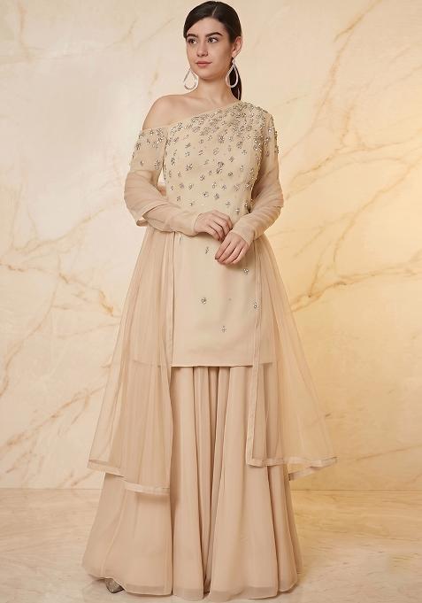 Beige Embroidered Handwork Sharara Set