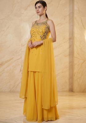 Mustard Embroidered Handwork Kurta Set