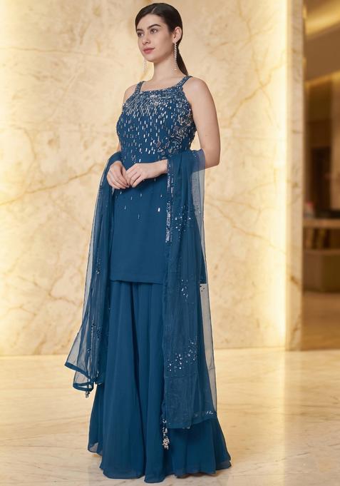 Cobalt Blue Embroidered Handwork Lehenga Set