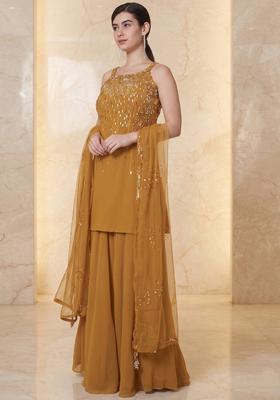 Mud Yellow Embroidered Handwork Sharara Set