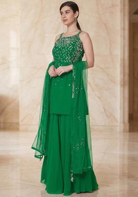 Kelly Green Embroidered Handwork Sharara Set