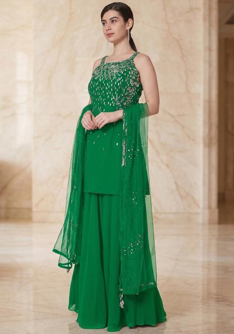 Kelly Green Embroidered Handwork Sharara Set