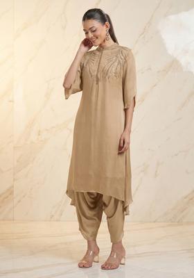 Beige Embroidered Handwork Kurta Set