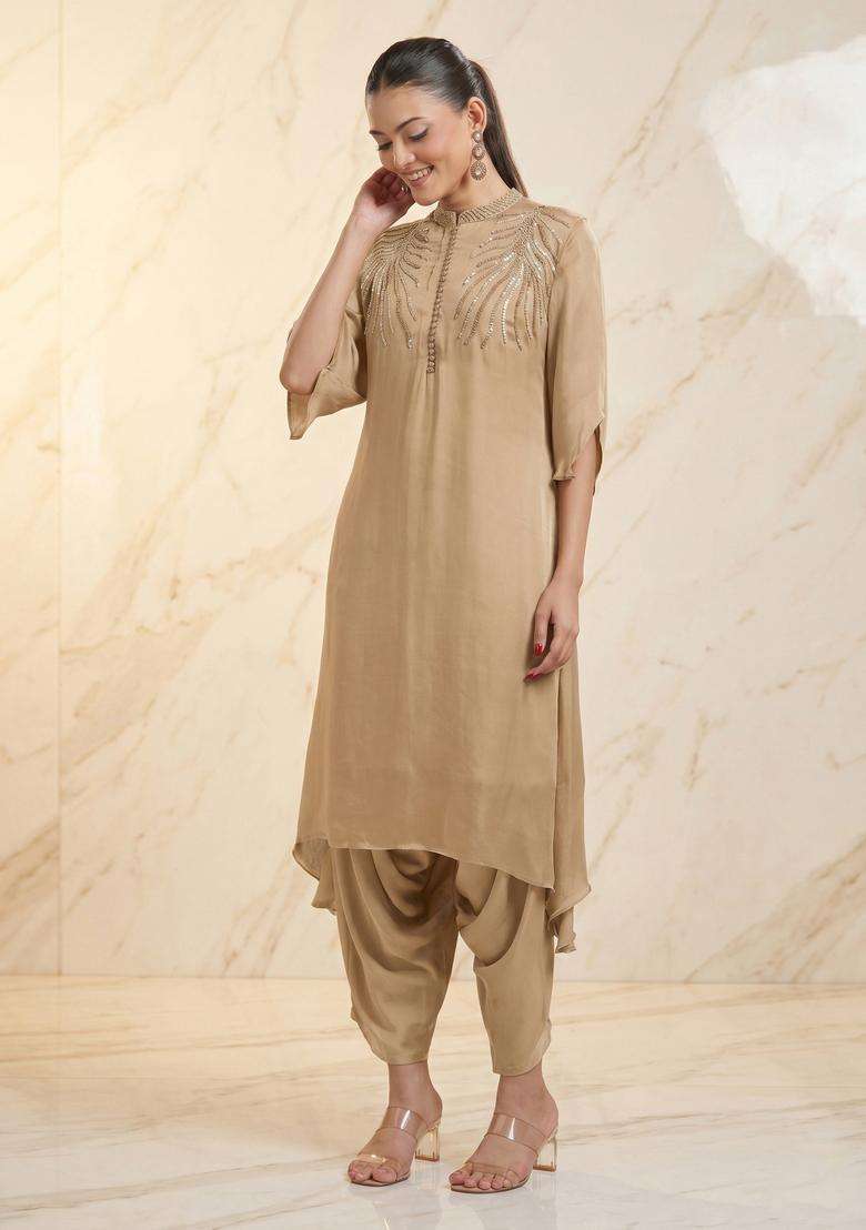 Beige Embroidered Handwork Kurta Set - Indya