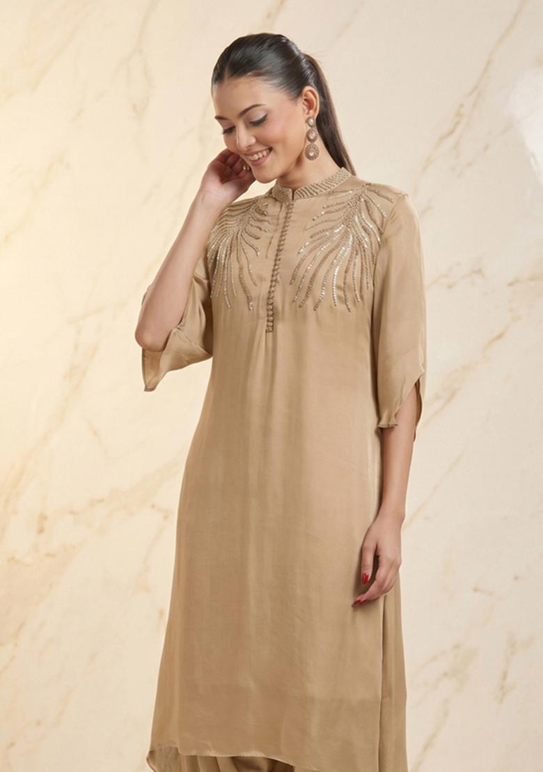 Beige Embroidered Handwork Kurta Set - Indya