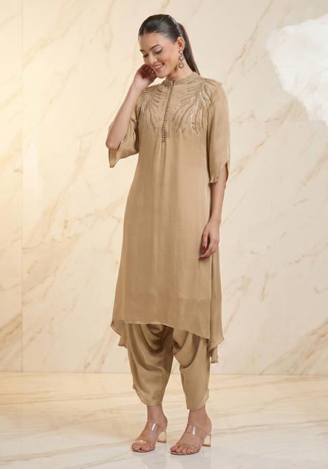 Beige Embroidered Handwork Kurta Set