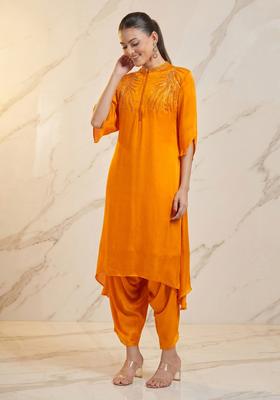 Marigold Orange Embroidered Handwork Kurta Set