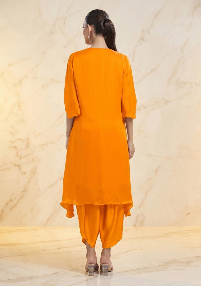 Marigold Orange Embroidered Handwork Kurta Set - Indya