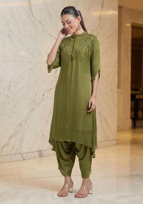 Olive Green Embroidered Handwork Kurta Set