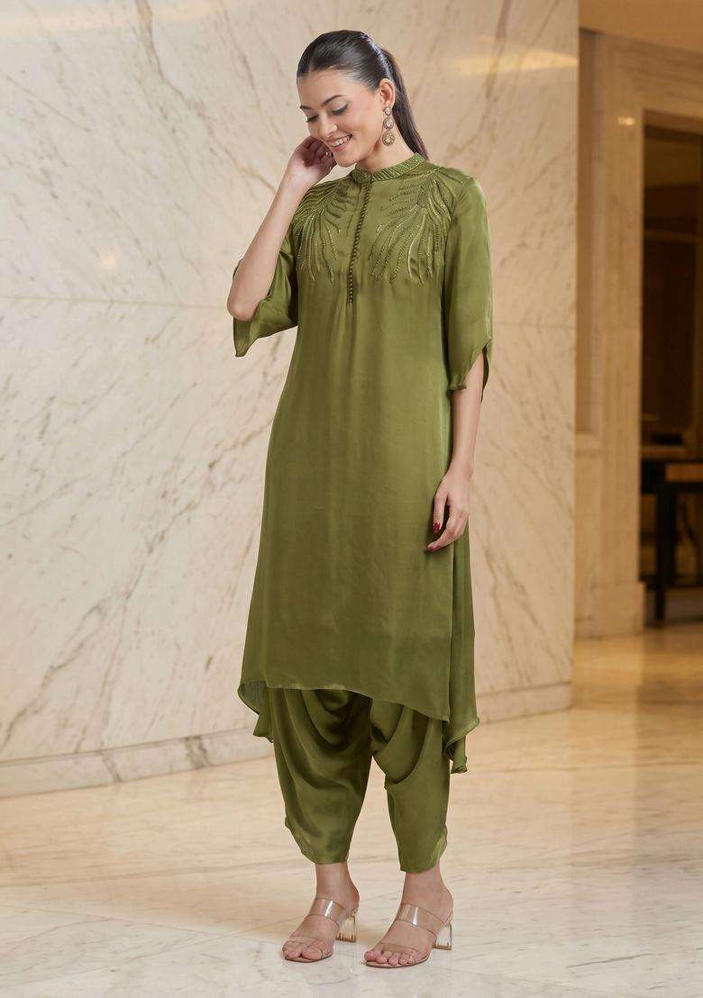 Olive Green Embroidered Handwork Kurta Set - Indya