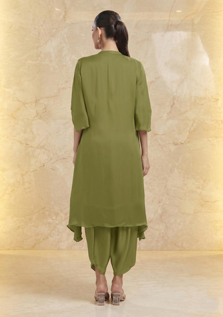 Olive Green Embroidered Handwork Kurta Set - Indya