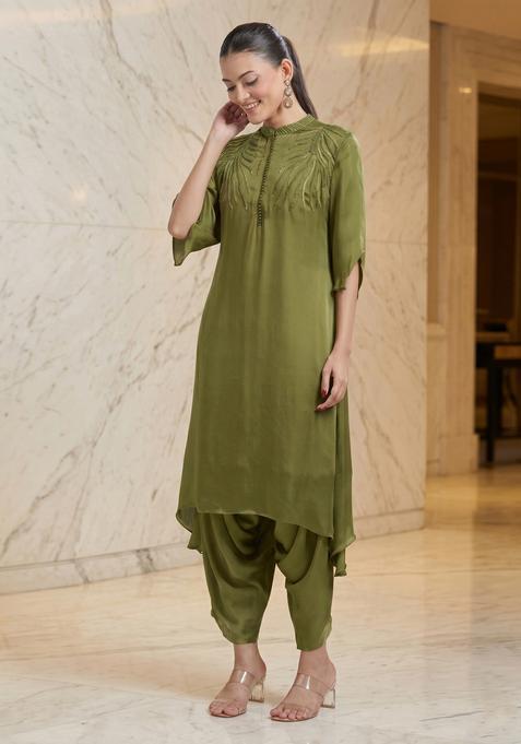 Olive Green Embroidered Handwork Kurta Set