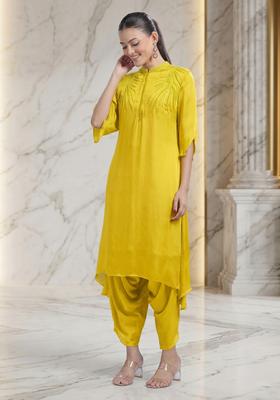 Lemon Yellow Embroidered Handwork Kurta Set