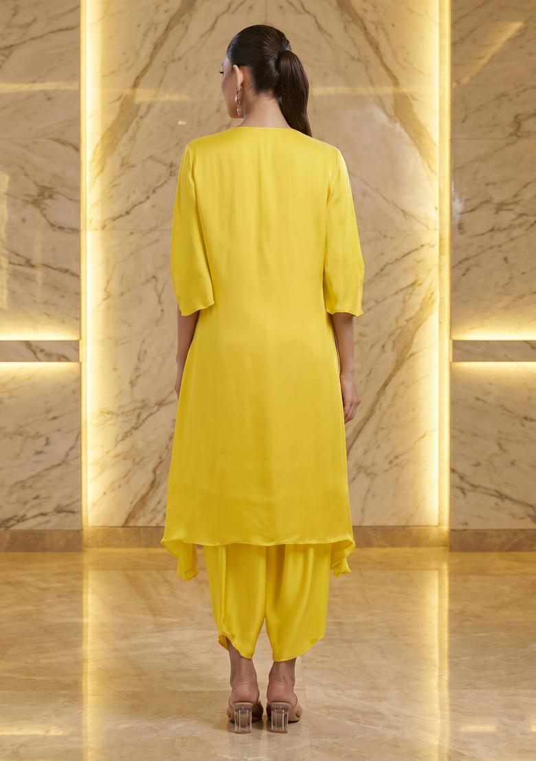 Lemon Yellow Embroidered Handwork Kurta Set - Indya