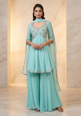 Sky Blue Embroidered Handwork Sharara Set