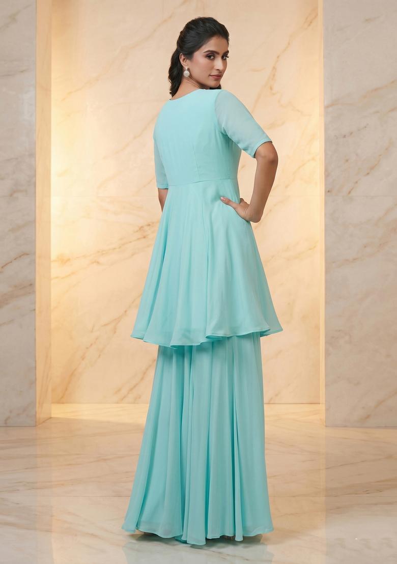 Sky Blue Embroidered Handwork Sharara Set - Indya