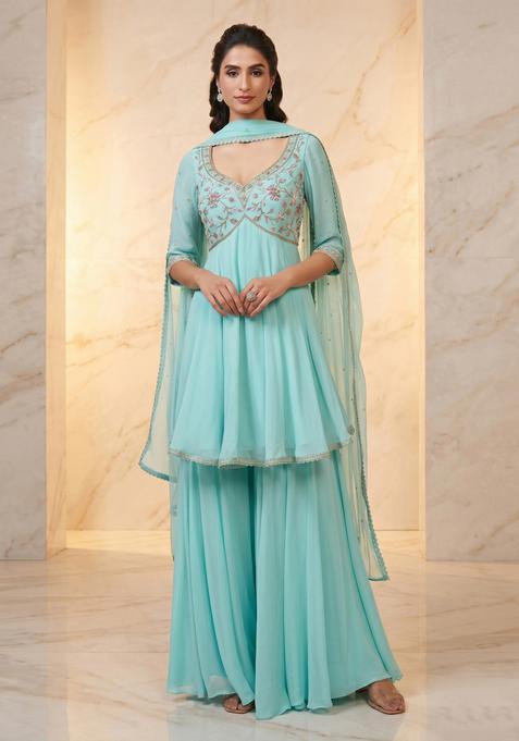 Sky Blue Embroidered Handwork Sharara Set