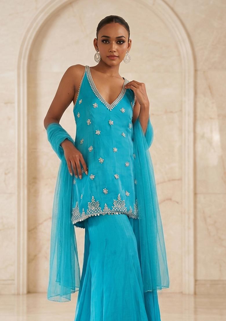 Turquoise Blue Handwork Sharara Set - Indya