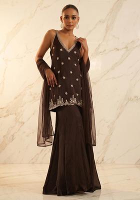 Dark Brown Handwork Sharara Set