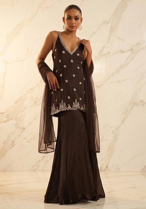 Dark Brown Handwork Sharara Set