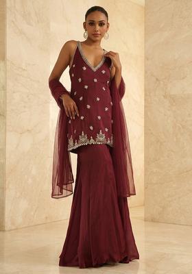 Wine Handwork Sharara Set