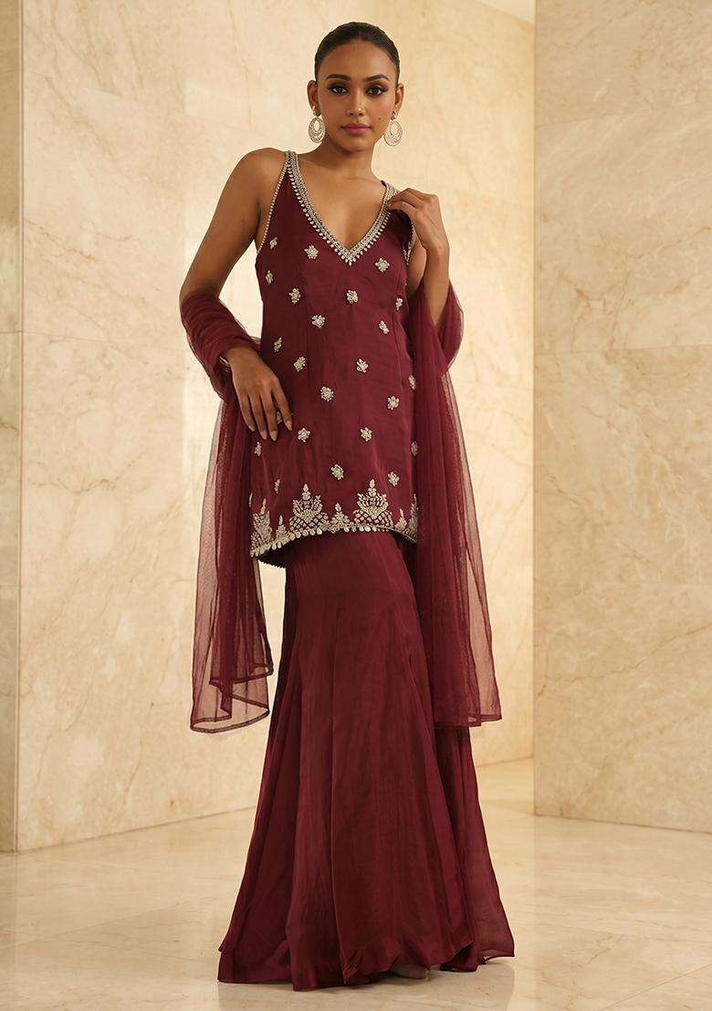 Wine Handwork Sharara Set - Indya