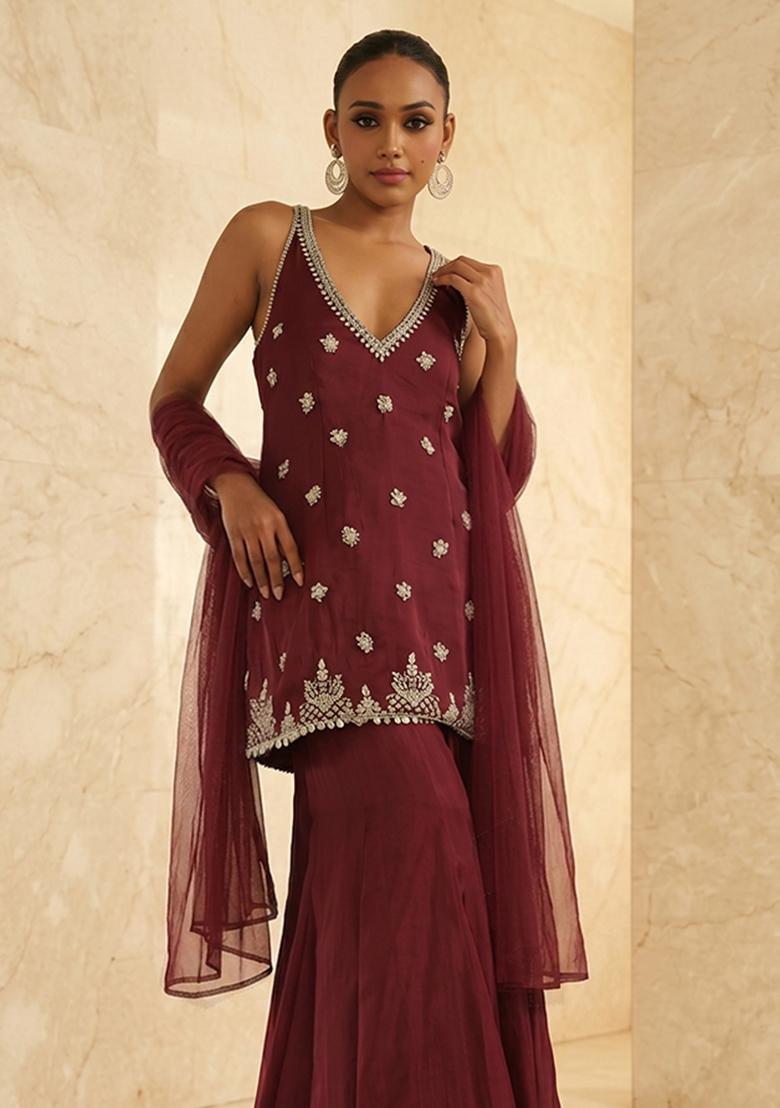 Wine Handwork Sharara Set - Indya