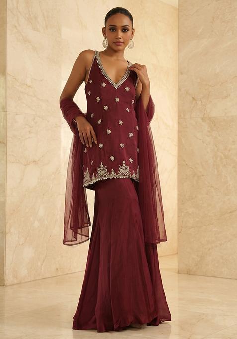 Wine Handwork Sharara Set