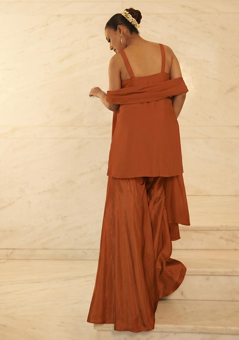 Rust Handwork Sharara Set - Indya