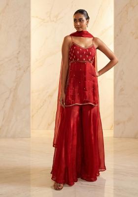 Cherry Red Handwork Sharara Set