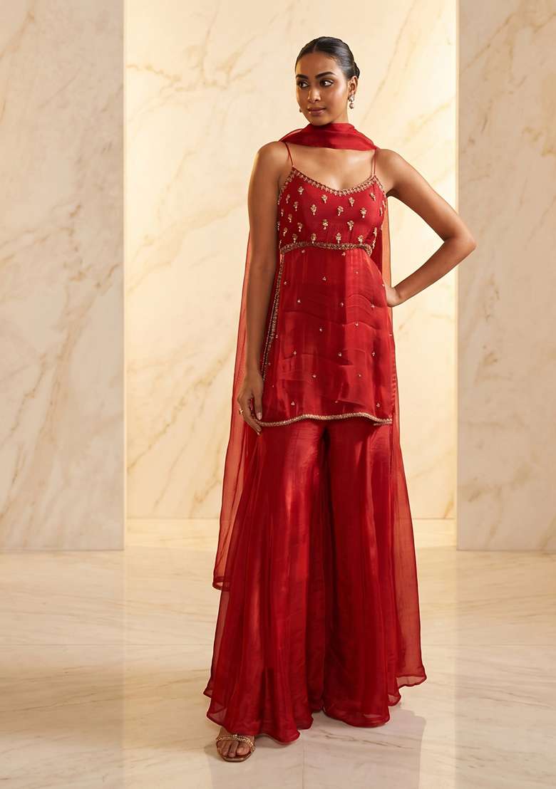 Cherry Red Handwork Sharara Set - Indya