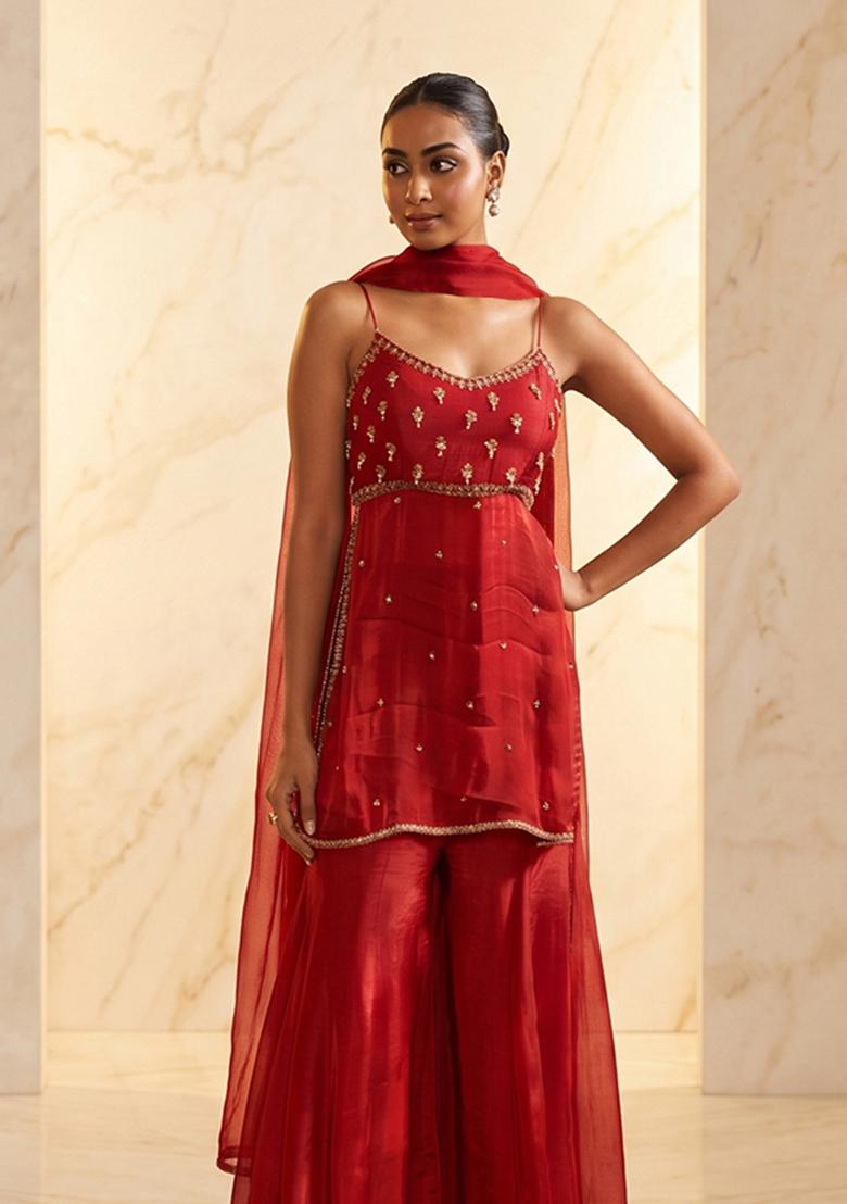 Cherry Red Handwork Sharara Set - Indya