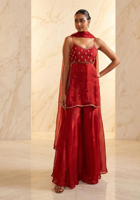 Cherry Red Handwork Sharara Set