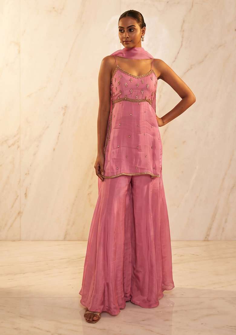 Onion Pink Handwork Sharara Set - Indya