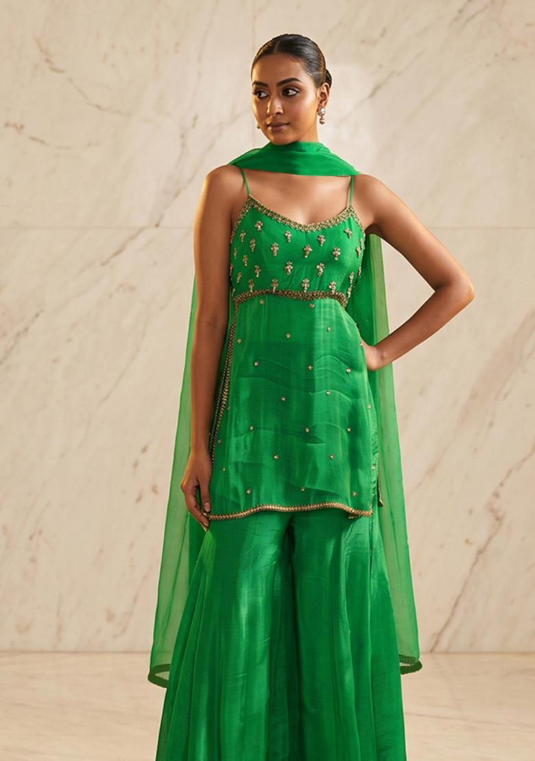 Emerald Green Handwork Sharara Set - Indya