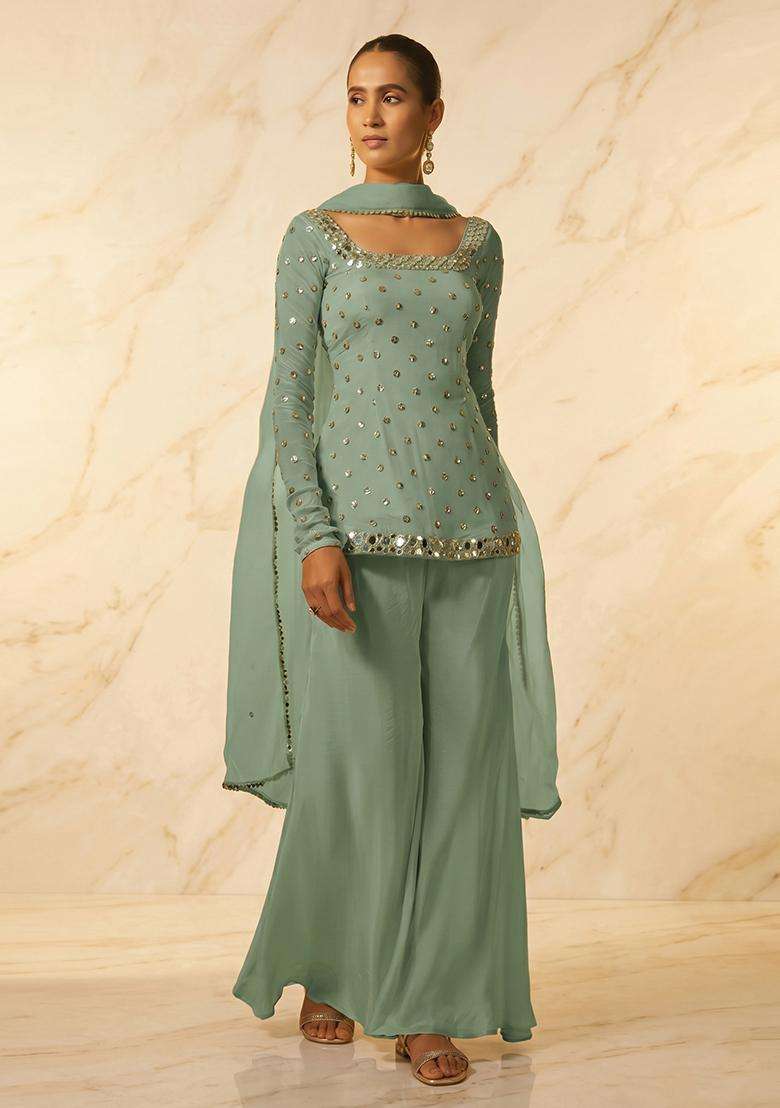 Mint Green Handwork Sharara Set - Indya