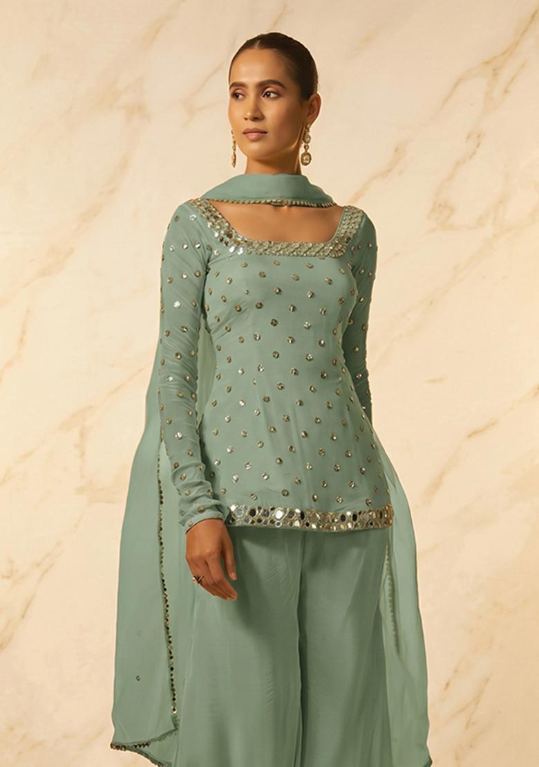Mint Green Handwork Sharara Set - Indya