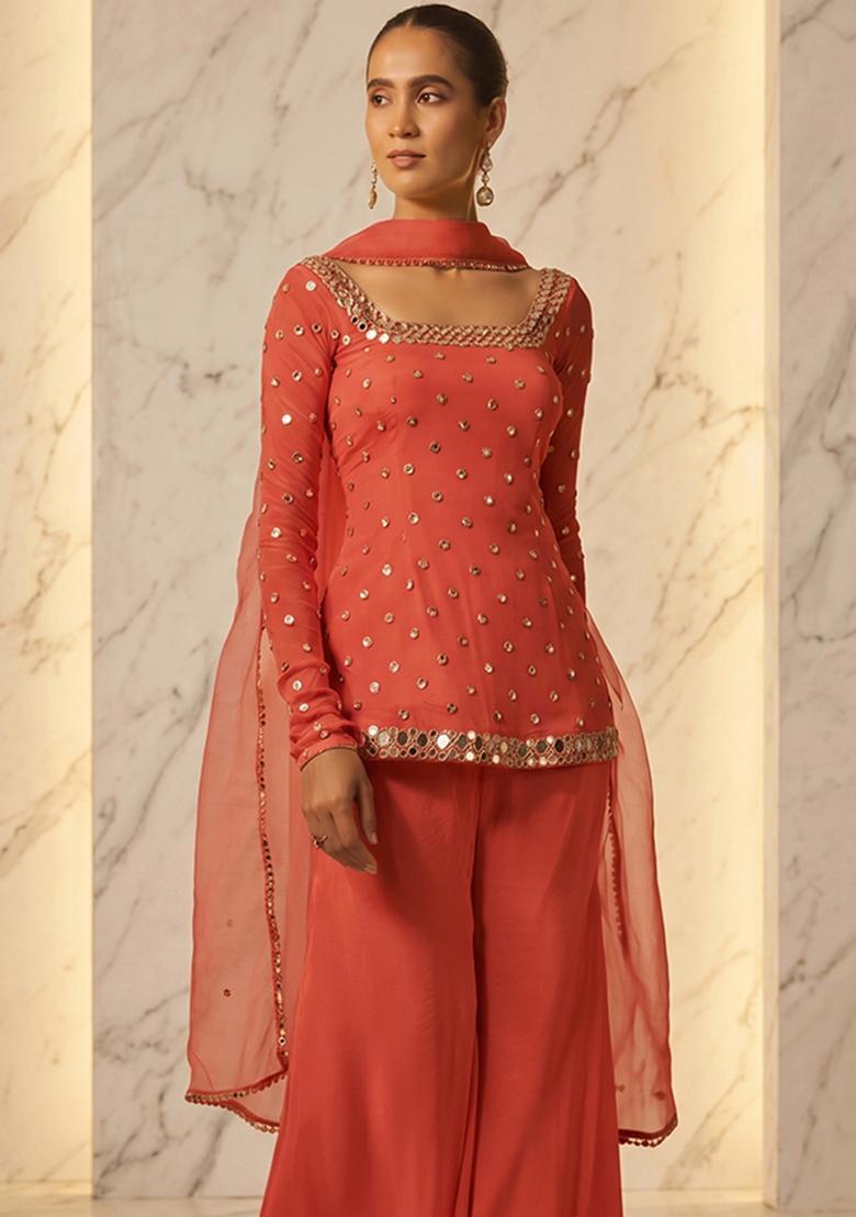 Coral Handwork Sharara Set - Indya